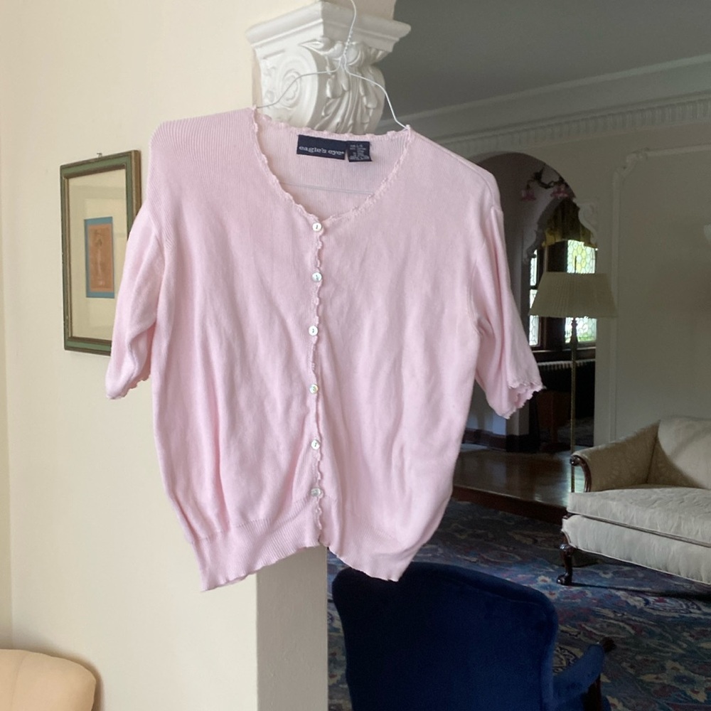 Eagles Eye Pink Sweater Button Front & Dainty Crocheted Trim 100% Cotton L
